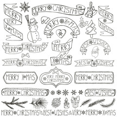 Christmas decoration labels,ribbons,lettering.Linear