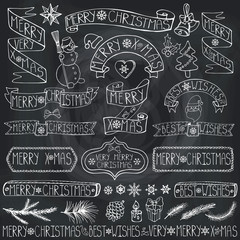 Christmas decoration labels,ribbons,lettering.Chalkboard