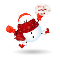 Happy Boxing Day. Cute snowman with red boxing glove feeling excited isolated on white background. Vector illustration.