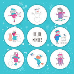 Fototapeta na wymiar Set of Christmas illustrations. Forest animals and snowman. Skating, skiing, build a fortress, playing snowballs, drinking tea. Winter greetings