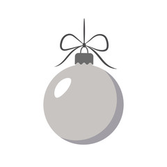 Obraz premium Christmas tree ball with bow. Gray bauble decoration, isolated on white background. Symbol of Happy New Year, Xmas holiday celebration, winter. Flat design for card. Vector illustration