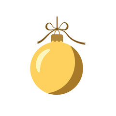 Christmas tree gold ball with bow. Golden bauble decoration, isolated on white background. Symbol of Happy New Year, Xmas holiday celebration, winter. Flat design for card. Vector illustration