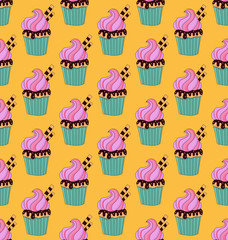 Cupcake doodles seamless colorful vector pattern