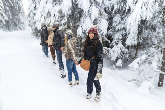 Friends Group Snow Forest Young People Walking Outdoor Winter Pine Woods