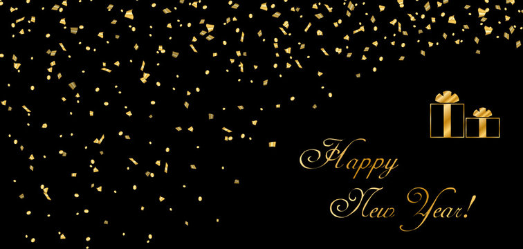 Happy New Year card background. Gold abstract template confetti for greeting, Xmas celebrate banner, Light sparkle. Merry Christmas celebration design. Golden decoration Vector illustration