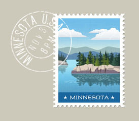 Naklejka premium Minnesota postage stamp design. Vector illustration of scenic lake and forest with grunge postmark on separate layer