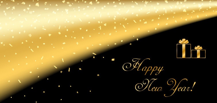 Happy New Year card background. Gold abstract template confetti for greeting, Xmas celebrate banner, Light sparkle. Merry Christmas celebration design. Golden decoration Vector illustration
