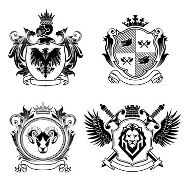Four coat of arms.Collection of four coat of arms. The first top left is a shield with an eagle on it and above his knights helmet with crown and a wreath of leaves for decoration of both side.