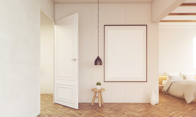 Bedroom interior with open door and lamp, toned