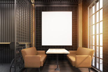 Cafe interior with grate and beige sofas, toned