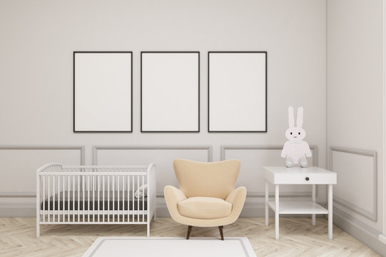 Baby's room with a hare and three vertical posters