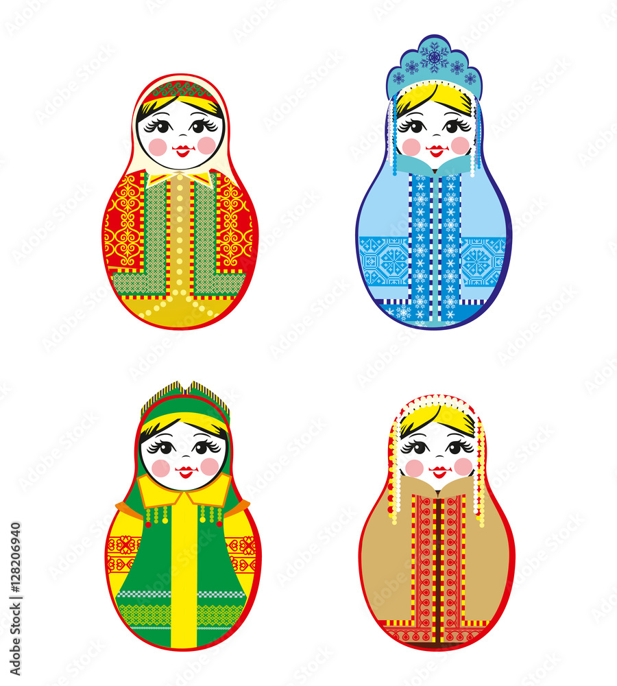 Wall mural Nested dolls set. Matryoshka dolls with different traditional Russian ornaments. Isolated vector illustration. Eps 10