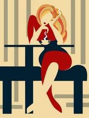 Graphic picture of a woman in a cafe with coffee and cigarette. 