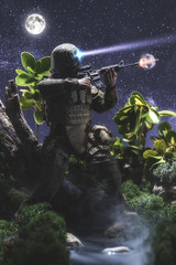 Soldier fighting at night as he crosses a river