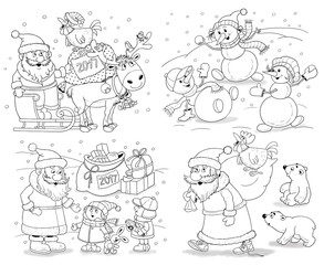 Set of Christmas greeting cards with cute Santa, reindeer, snowmen and kids