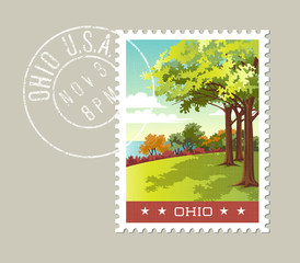 Ohio postage stamp design. 
Vector illustration of park overlooking lake erie. Grunge postmark on separate layer