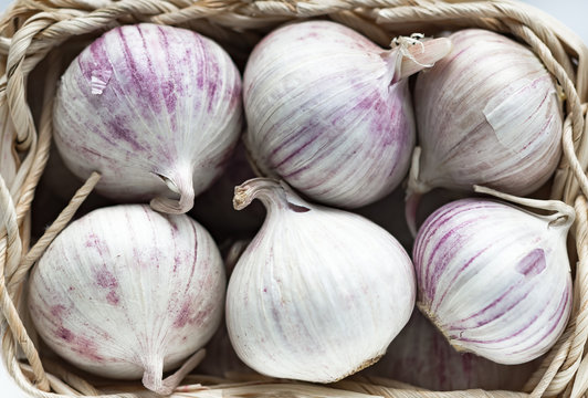 Aromatic fresh garlic bulbs in little basket for sale