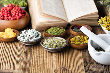 Assorted natural medical herbs and mortar