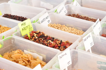 Dried fruits and mix nuts sold at farmer's market.