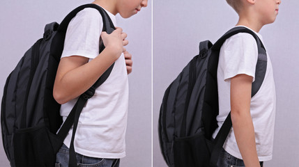 Good bad posture concept. School child with backpack