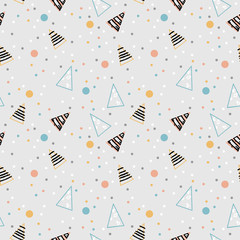 Christmas seamless pattern. Hand-drawn triangular fir trees with colorful dots.