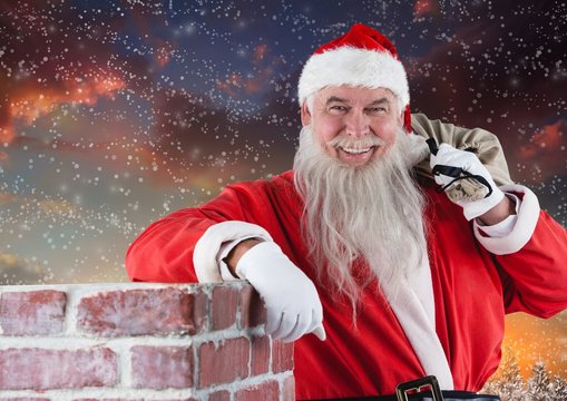 Santa with gift sack leaning on chinmey