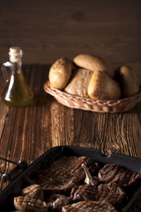 Grilled meat.