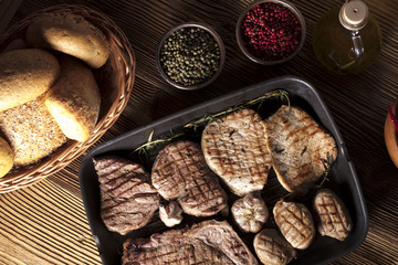 Grilled meat.