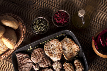 Grilled meat.