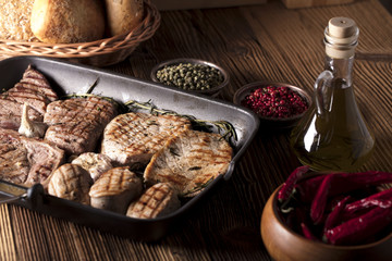 Grilled meat.