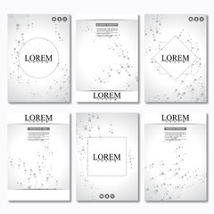 Set of business templates for brochure, flyer, cover magazine in A4 size. Structure molecule DNA and neurons. Geometric abstract background. Medicine, science, technology. Vector illustration.