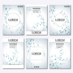 Set of business templates for brochure, flyer, cover magazine in A4 size. Structure molecule DNA and neurons. Geometric abstract background. Medicine, science, technology. Vector illustration.