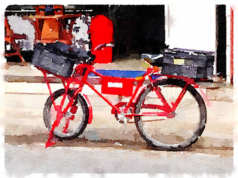 Digital watercolor painting of a red bicycle with a black basket on the front and a black basket on the back. 