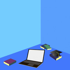 Laptop with books and workbooks