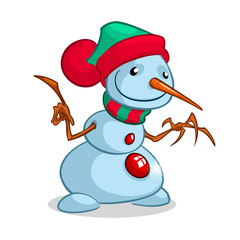 A vector cartoon snowman. Christmas character with wooden hands