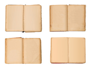 Set of open old books isolated, vintage book with blank yellow stained pages