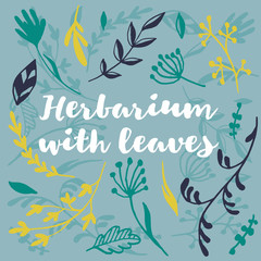 Obraz premium Herbarium with leaves, set of decorative vector herbs and branches, hand drawn lettering. Ink style simple illustration with botanical sketches