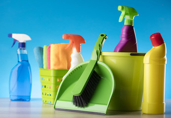 Variety of cleaning products,home work, on blue background