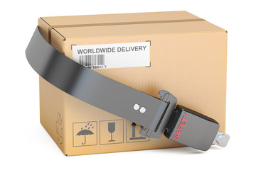 safety delivery concept, safety belt with cardboard box parcel.