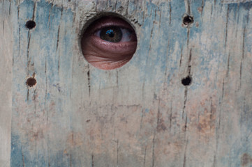 Peeper eye in a hole of a wooden fence