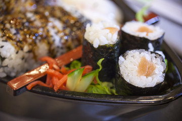 food, sushi, prepared, gourmet, rice, fish, japanese, raw, salmon, staple, seafood, meal