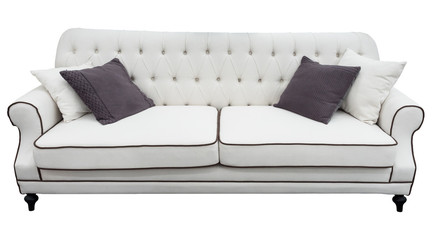 White sofa with pillows. Soft white couch. Isolated background. White classic divan