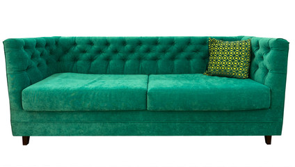 Green sofa with pillow. Soft emerald couch. Classic divan on isolated background.