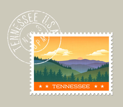 Tennessee postage stamp design. 
Vector illustration of smoky mountains.  Grunge postmark on separate layer
