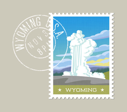 Wyoming postage stamp design. 
Vector illustration of water and steam erupting from geyser. Grunge postmark on separate layer
