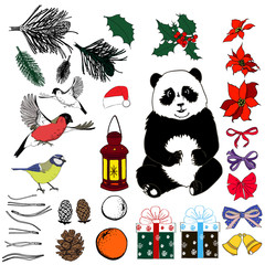Set of Isolated Christmas objects from spruce/ fir twigs, holly, flowers, jingle bells, bows, birds, hats, cones, an old lamp and a Panda. Multicolor elements on a white background. 