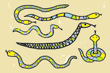 Illustration with snakes of childlike style