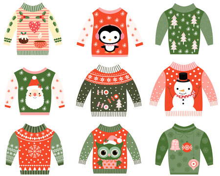 Cute ugly Christmas sweaters vector clip art set 