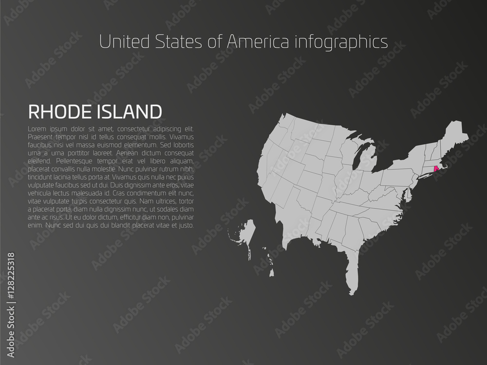 Canvas Prints United States of America, aka USA or US, map infographics template. 3D perspective dark theme with pink highlighted Rhode Island, state name and text area on the left side. - Canvas Prints
