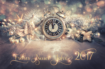 Greeting card "Happy New Year 2016!" with vintage clock showing